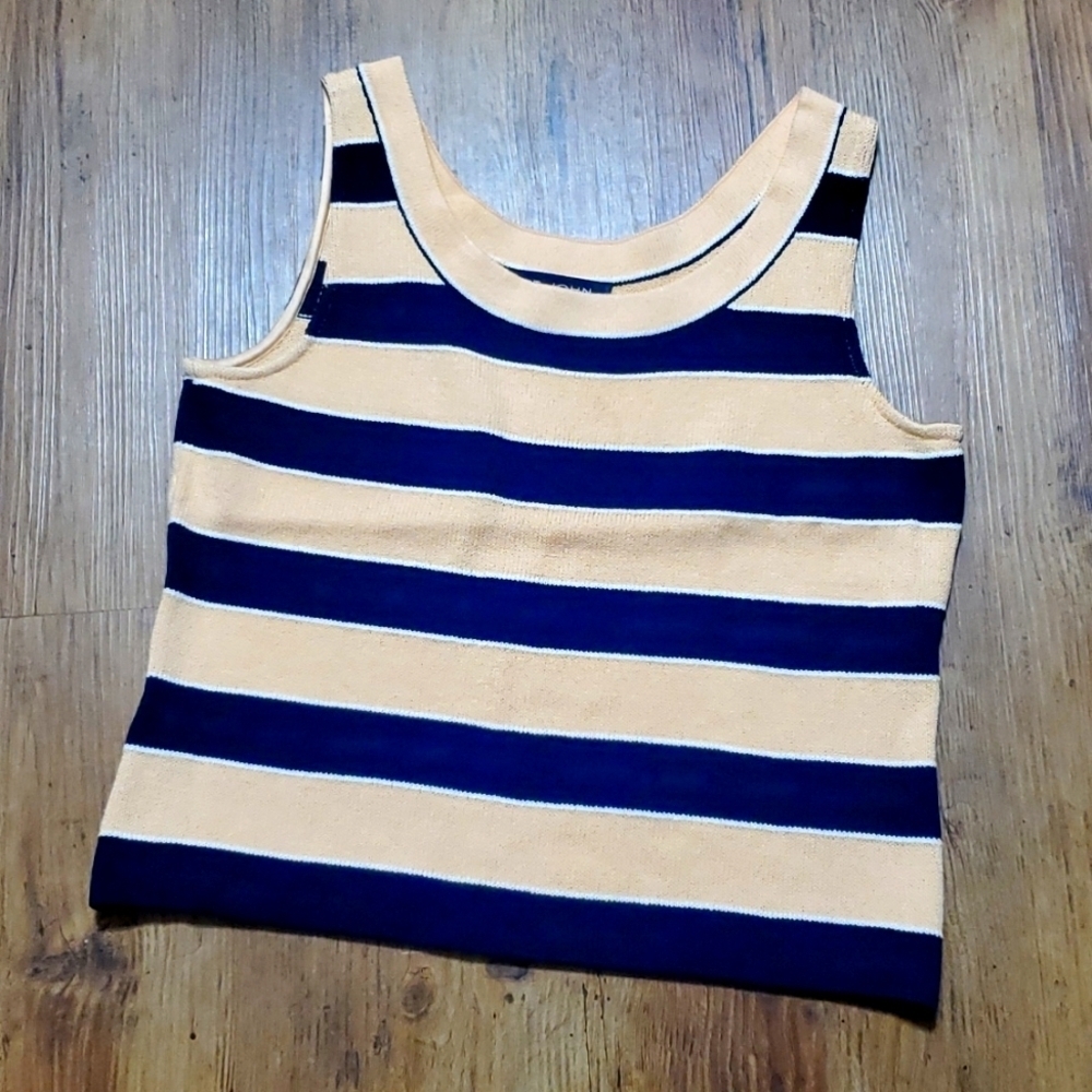 St John knit peach navy striped tank top sweater euc